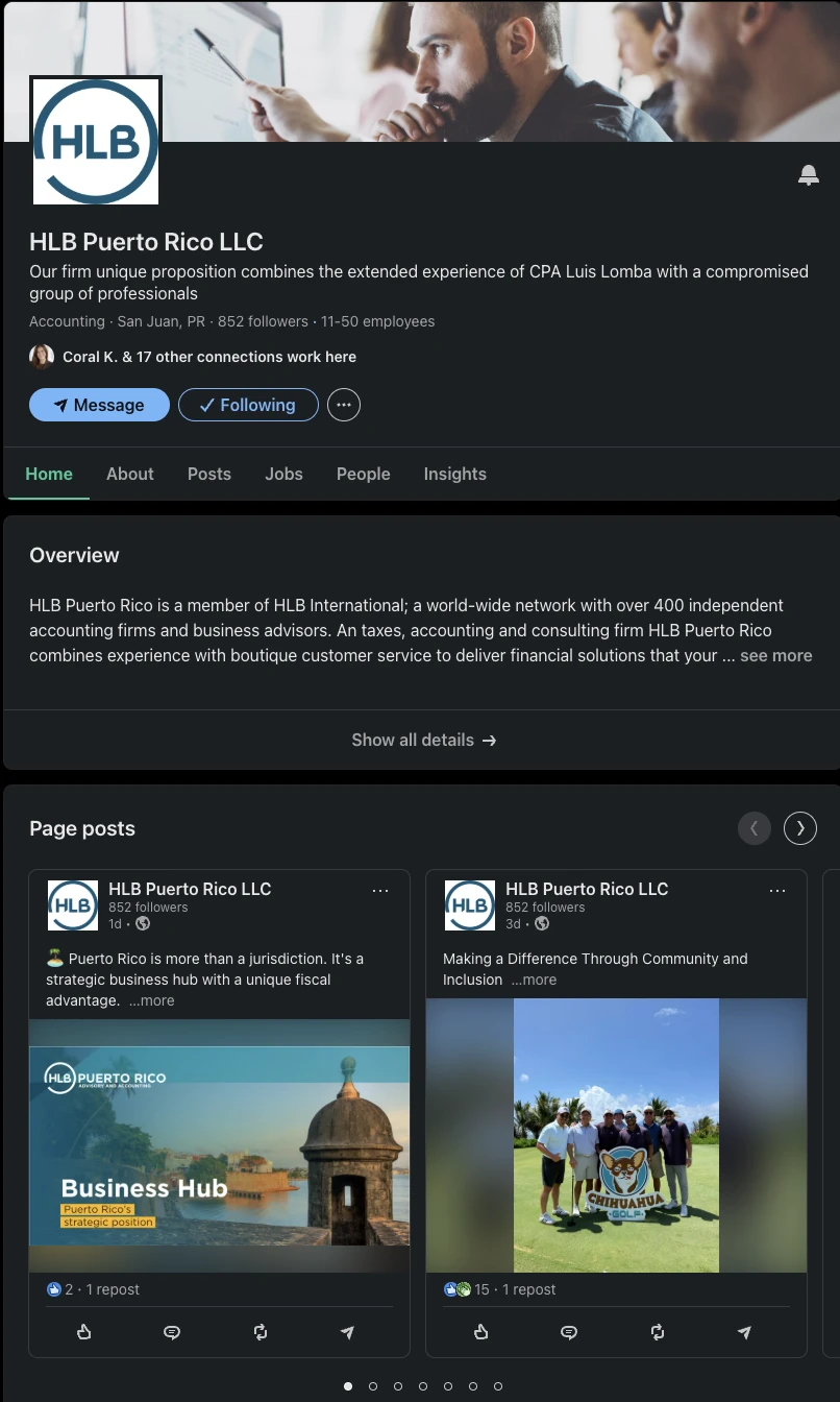 Perfil y contenido de LinkedIn de HLB Puerto Rico
